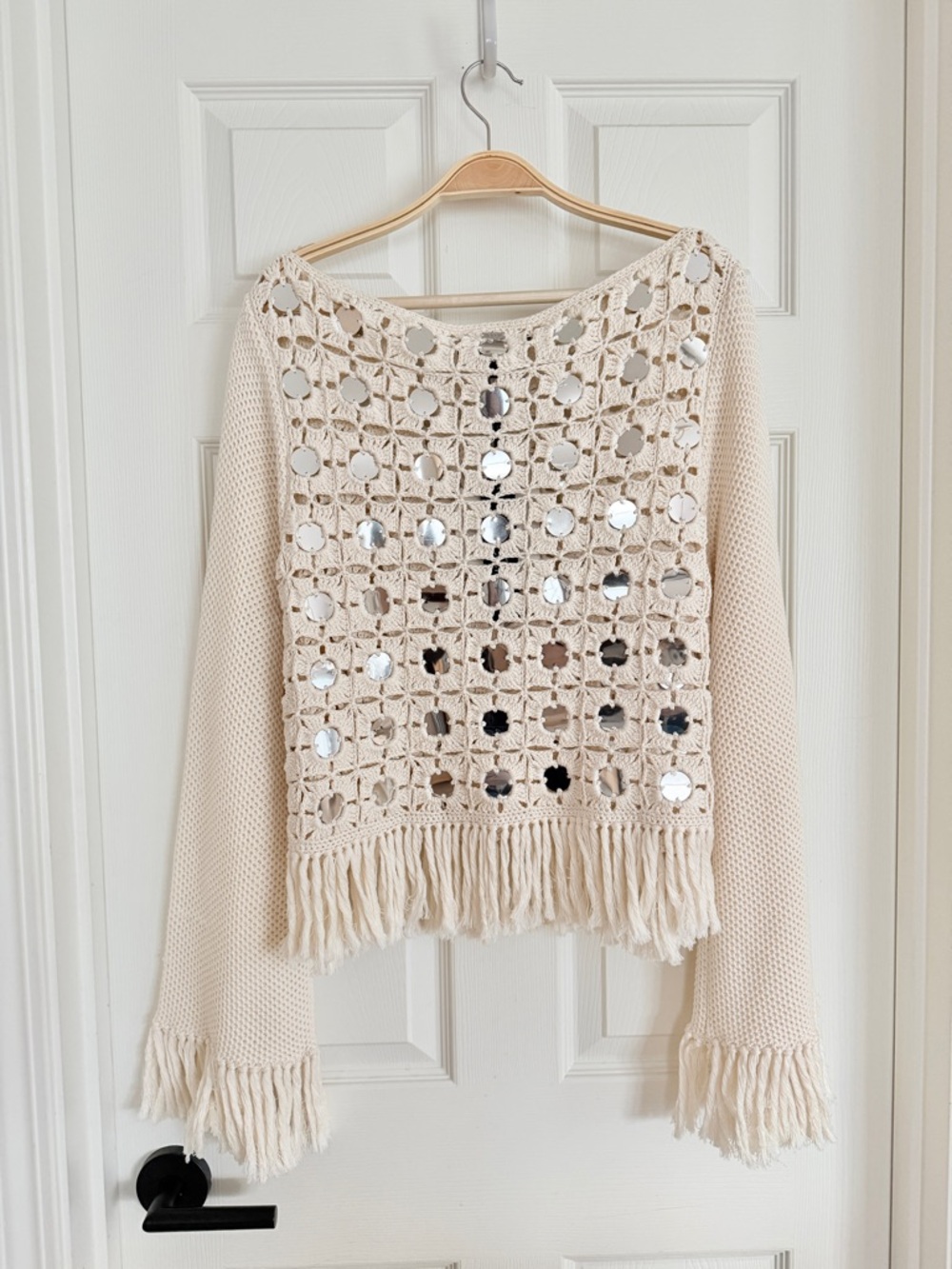 🌞 Toccin Camilla Mirrored Crochet Fringe Sweater Top Cream Off-White Large L - Picture 5 of 14
